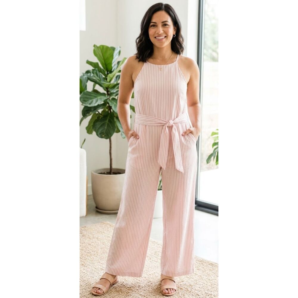 New Ann Taylor LOFT Striped Linen Blend Wide Leg Tie Jumpsuit Women's Size 4